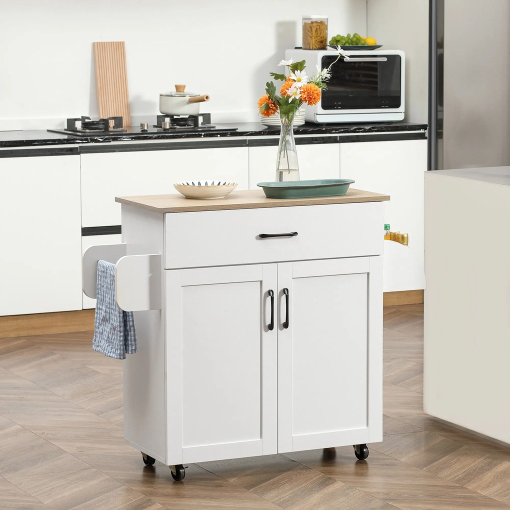 Carrinho de Cozinha com 1 Gaveta 2 Portas Suporte para Panos e Especies Carrinho Auxiliar com Rodas para Sala de Jantar Carga Máxima 105x36x85cm Branc