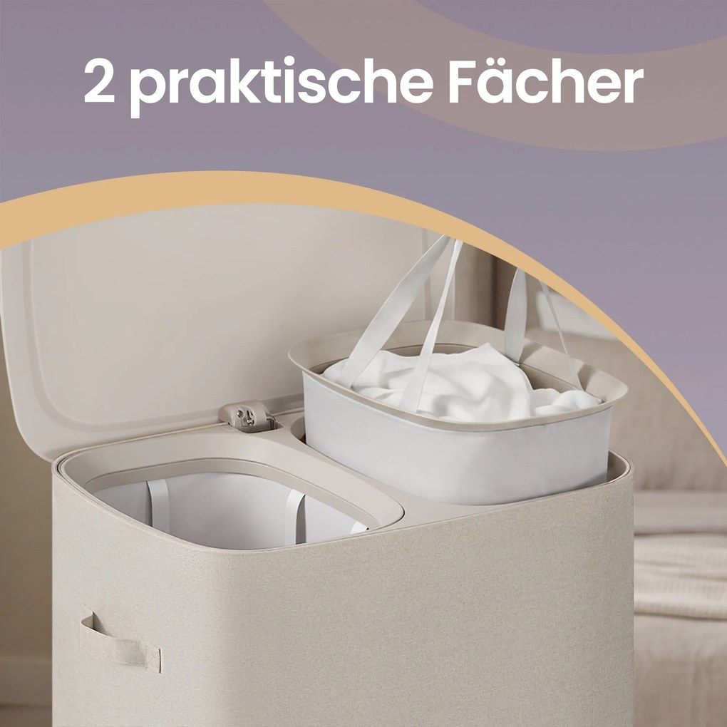 Cesto da roupa suja com tampa e 2 compartimentos, separador de roupa suja de 160 L, 56 x 40 bege