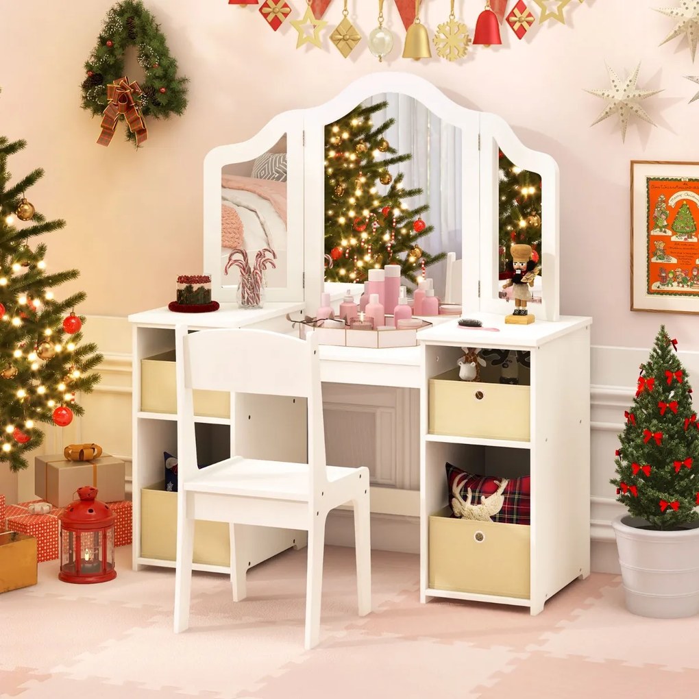 Conjunto de 2 em 1 Toucador e Cadeira de Maquilhagem 104 x 40 x 117 cm para Crianças 3+ Anos com 3 Espelhos Amovíveis 4 caixas armazemento Branco