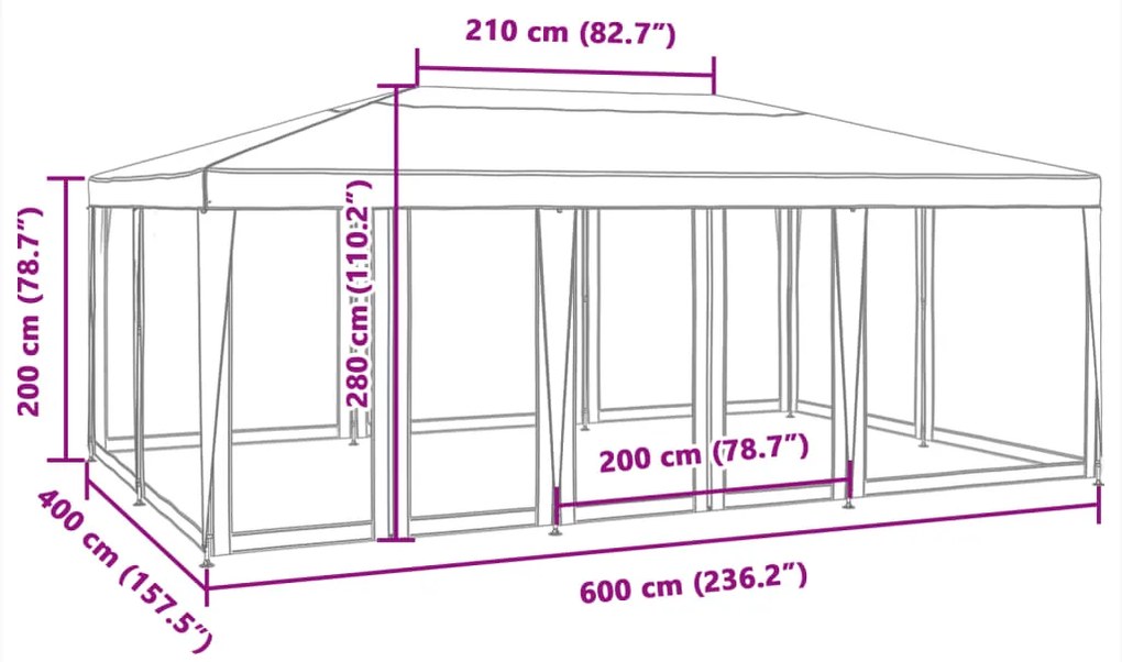 Tenda p/ festas c/ 10 paredes laterais em rede 6x4 m PEAD verde