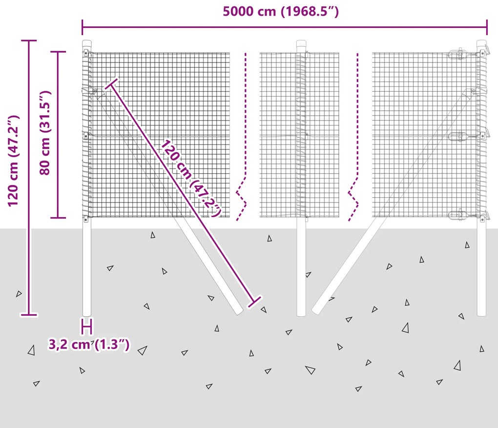 Cerca de Fios Soldados com 13 Postes 0.8x50 m de Aço Galvanizado