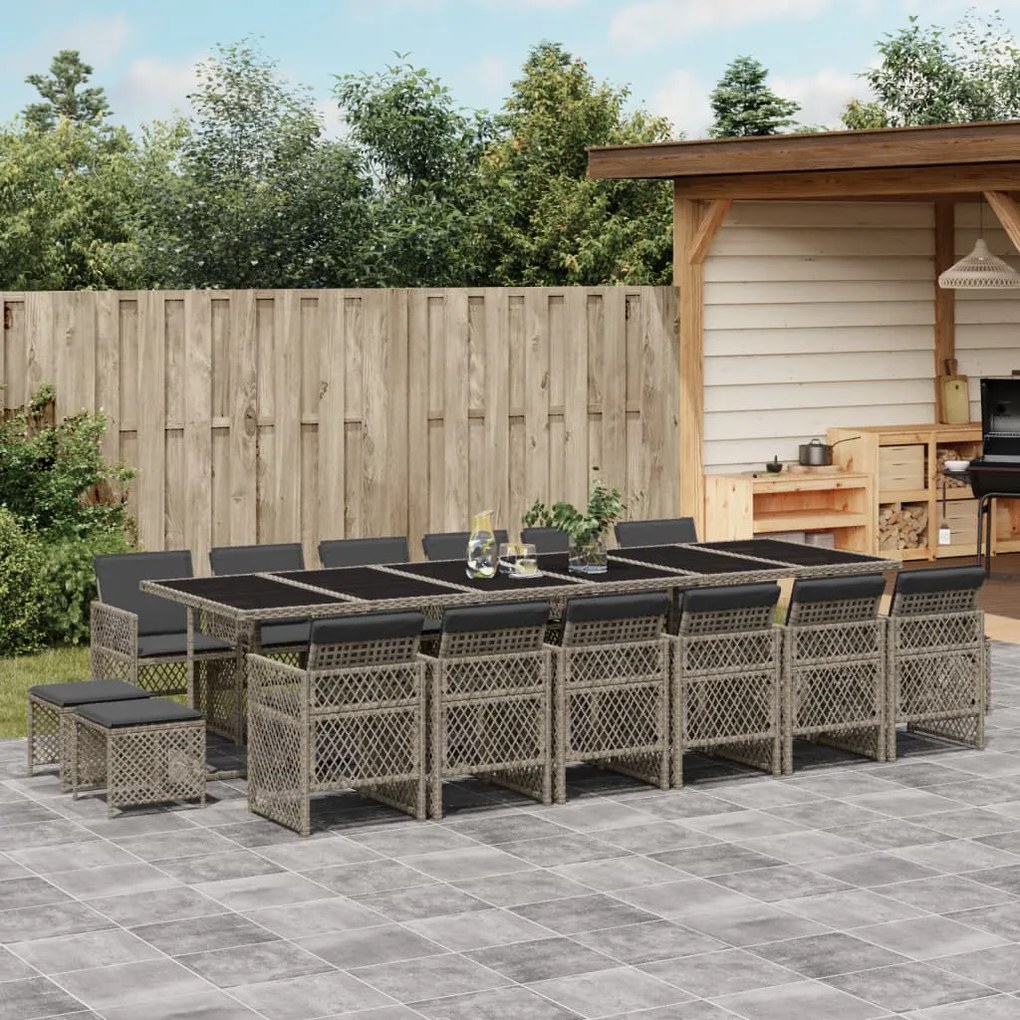 vidaXL 17 pcs conj. de jantar p/ jardim c/ almofadões vime PE cinzento