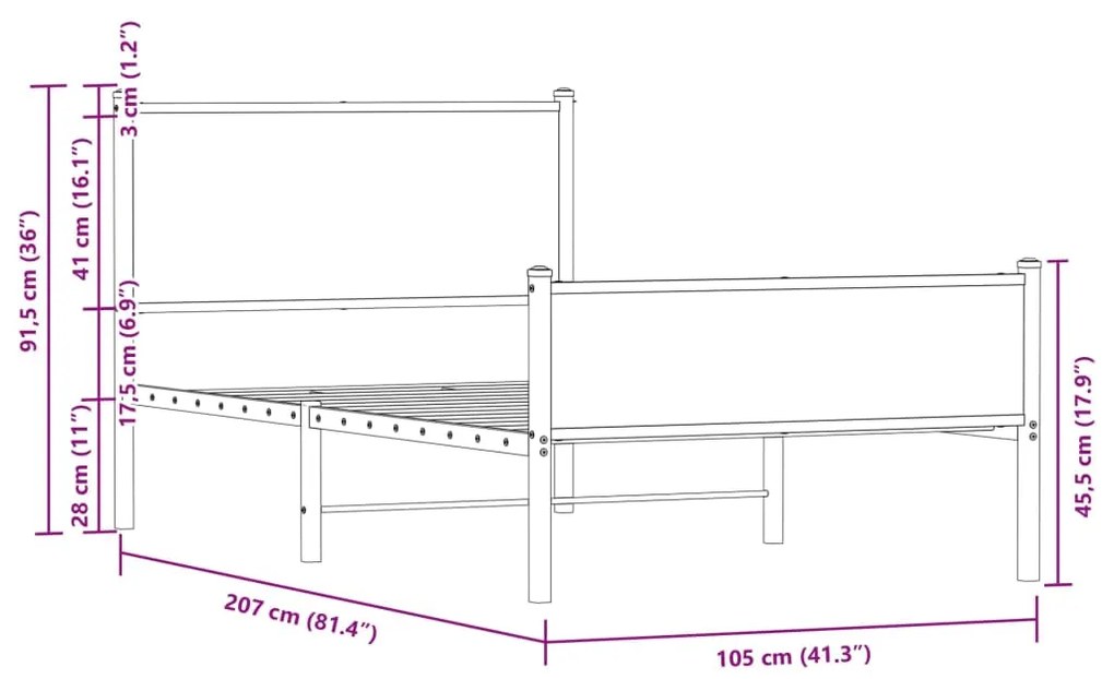 Estrutura de cama sem colchão 100x200cm metal carvalho castanho