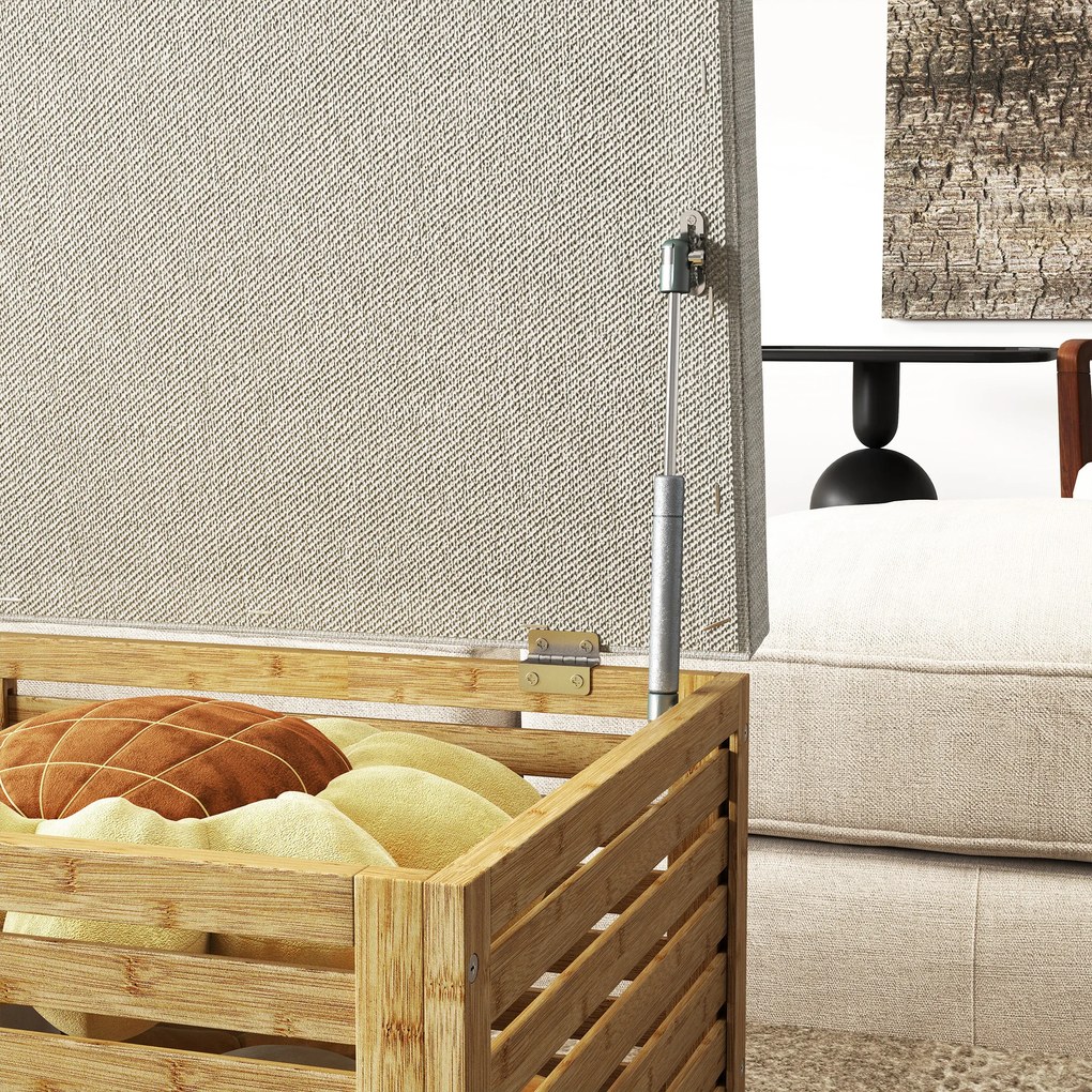 Baú de Arrumação para Dormitório 122L Estofado em Linho Sintético com Almofada Estrutura de Bambu 90x42x43 cm Cinza e Madeira