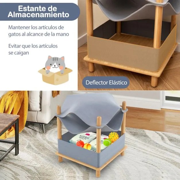 Cama para gatos de madeira de 2 níveis moderna com compartimento semi-fechado Cinzento