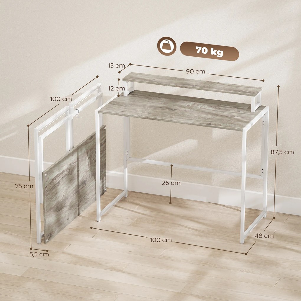 Secretária dobrável para computador com suporte para ecrã, para quarto, espaços pequenos, 100 x 48 x 87,5 cm, cor madeira natural