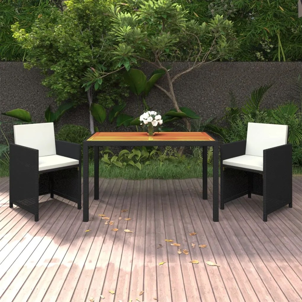 vidaXL 3 pcs conjunto jantar p/ jardim c/ almofadões vime PE preto