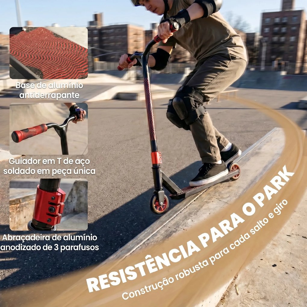 Trotinete Acrobática com Guiador 360° Rolamentos ABEC-9 Rodas de PU de 120 mm Estrutura de Alumínio 66x47x81 cm Vermelho