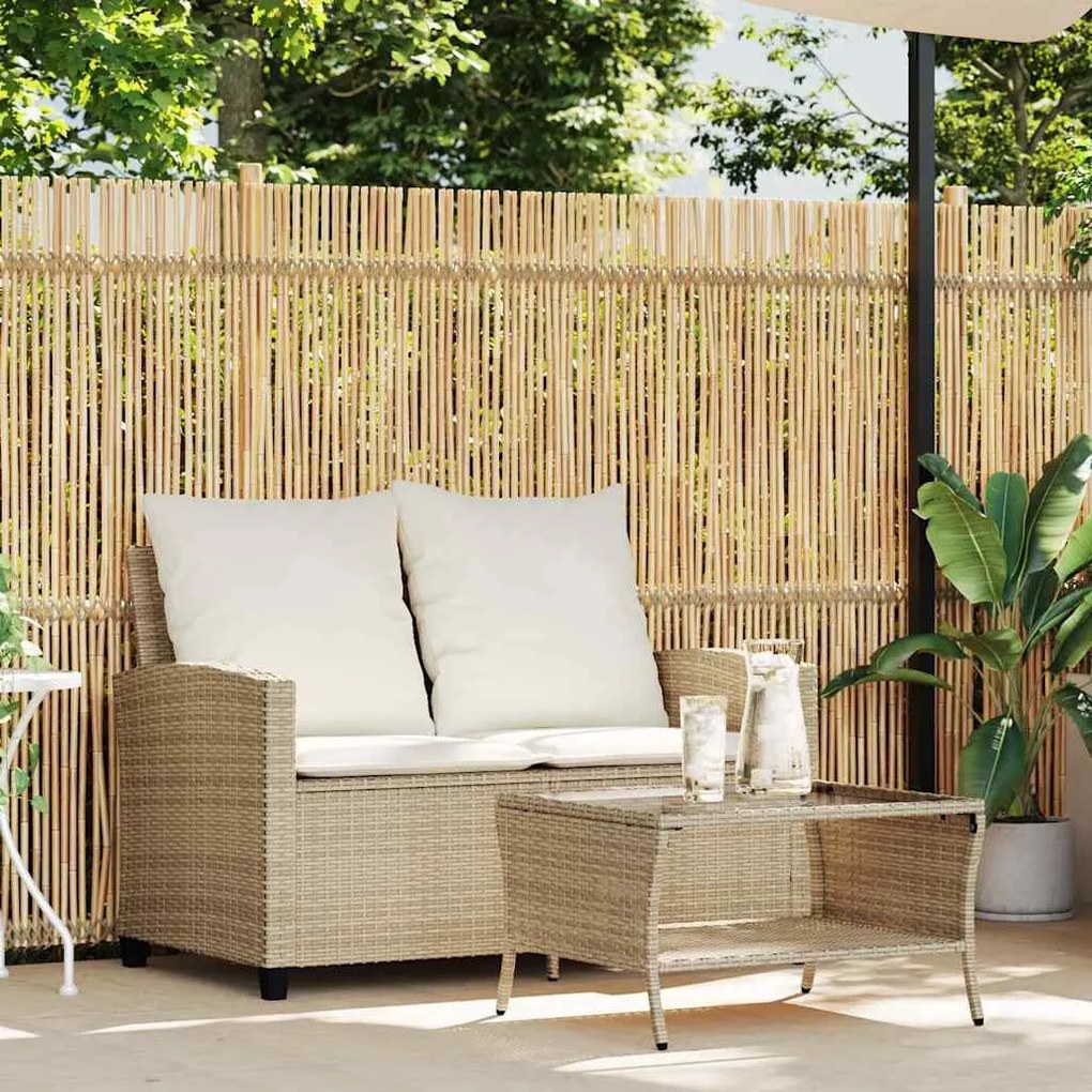 Sofá de jardim c/ mesa e almofadões 2 lugares vime PE bege