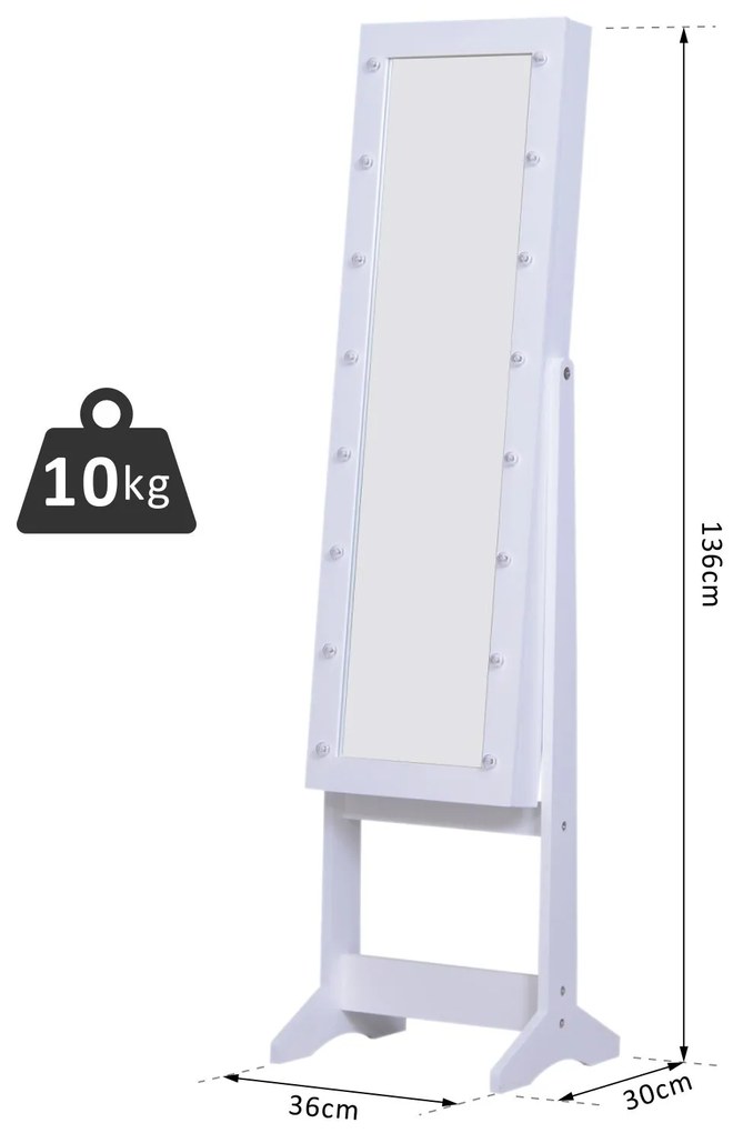 Guarda-Joias de Pé, com Espelho, Armário para Joias 16 Luzes LED Reclinável 36x30x136cm Branco