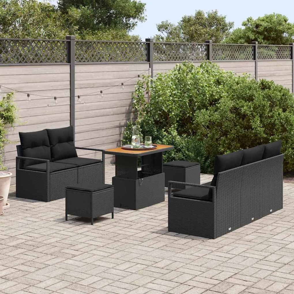 Conjunto de Sofá de Jardim vidaXL 8 Peças com Almofadas Preto Rattan P