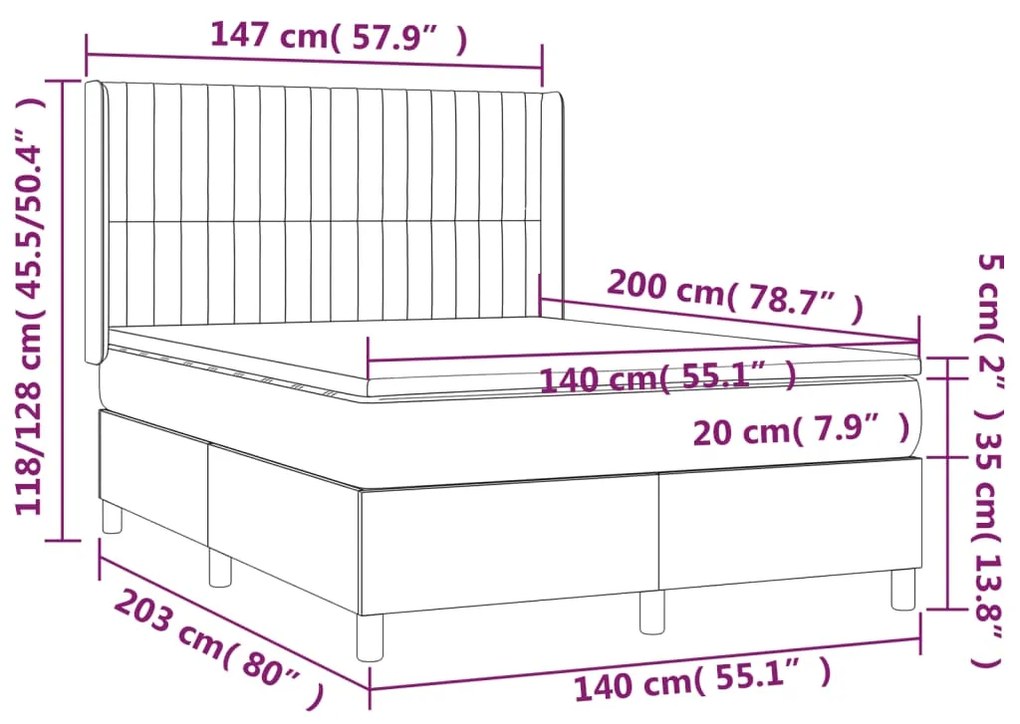 Cama box spring c/ colchão e LED 140x200 cm tecido cor creme