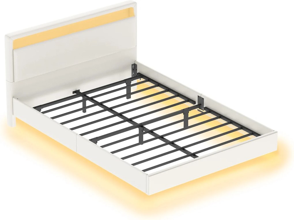 Cama de casal 140 x 200 cm (COLCHÃO NÃO INCLUIDO) com luzes led e com efeito suspenso Branca