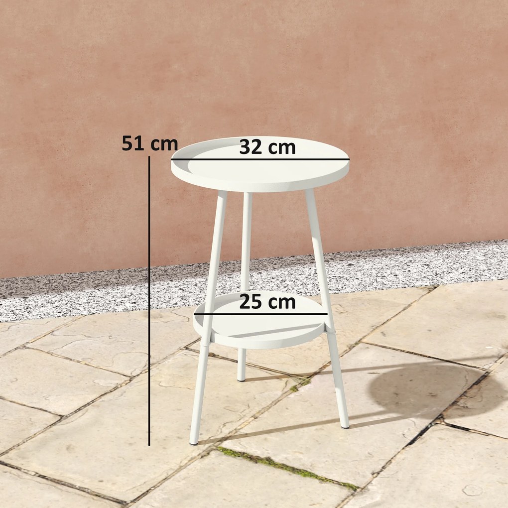 Mesa de Jardim Redonda de 2 Níveis Mesa de Exterior Ø32x51 cm com Bandeja Inferior e Estrutura de Metal Branco