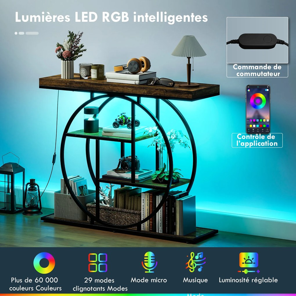 Consola de Entrada, 100 x 30 x 81,5 cm, Iluminação LED RGB, Castanho Rústico