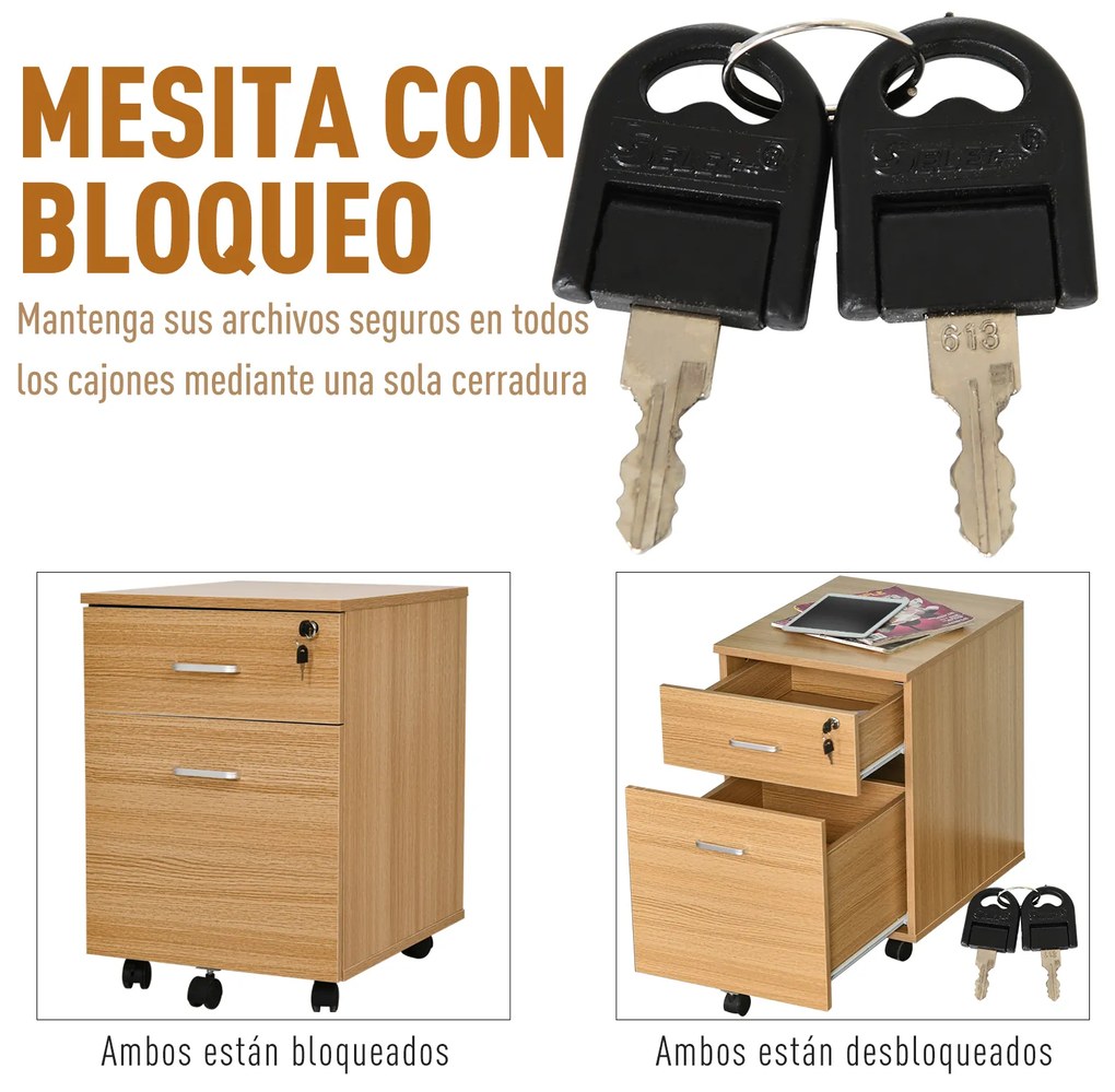 Vinsetto Gaveta de escritório com 2 gavetas, espaço para documentos em tamanho A4, 5 rodas fechadura e freios 40x49x58 cm Natural