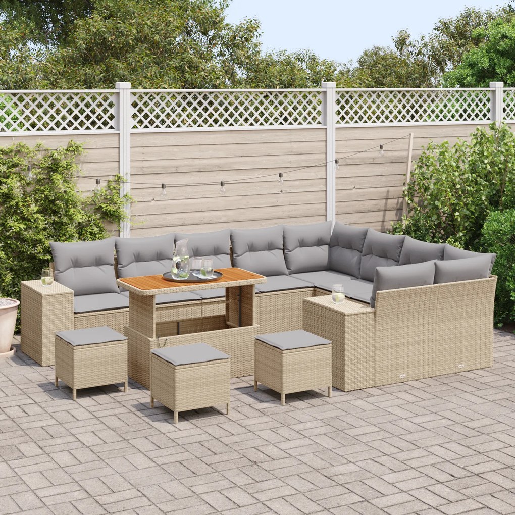 Conjunto de Sofá de Jardim de 13 Peças com Almofadas Bege Rattan Acáci