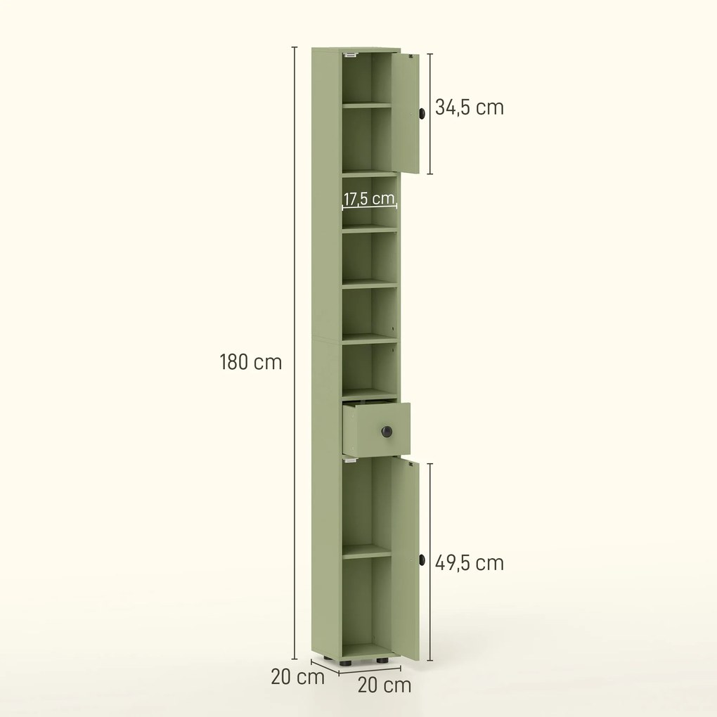 Coluna de arrumação alta para casa de banho 20 x 20 x 180 cm, com 1 gaveta, 4 prateleiras ajustáveis e 2 armários, verde