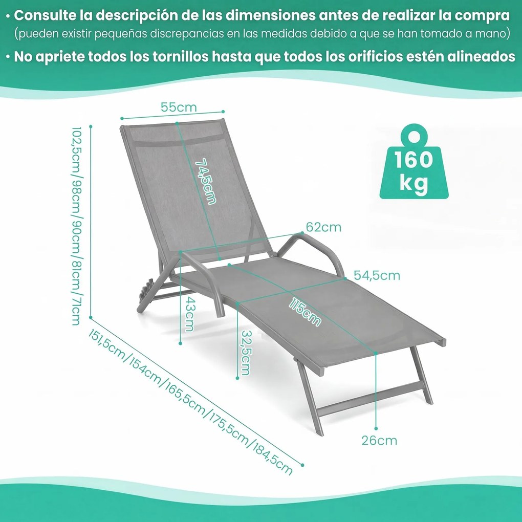 Conjunto de 2 espreguiçadeiras de exterior, poltronas reclináveis com 5 posições de ajuste e assento respirável, para pátio, jardim e piscina, cinza