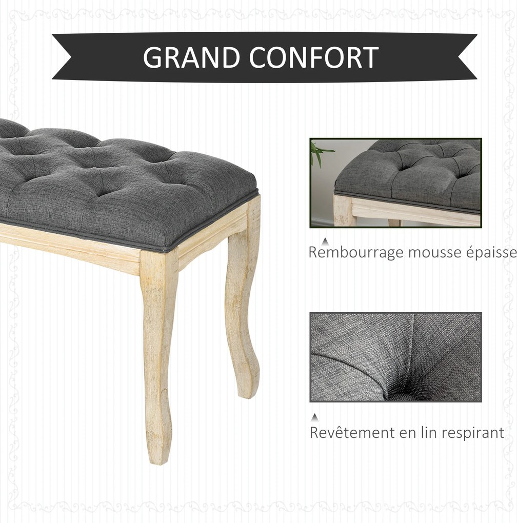 Banco estofado estilo clássico, 110 cm, para colocar ao pé da cama, estofado em linho, com base em madeira de hevea esculpida, linho cinzento