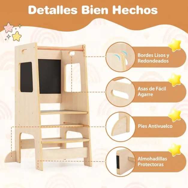 Banco de cozinha para crianças Torre de pé com quadro de actividades, altura ajustável e grade de segurança em madeira Natural