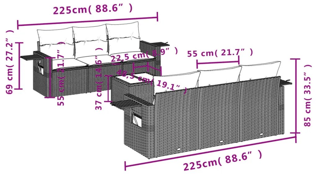 7 pcs conjunto de sofás jardim c/ almofadões vime PE castanho