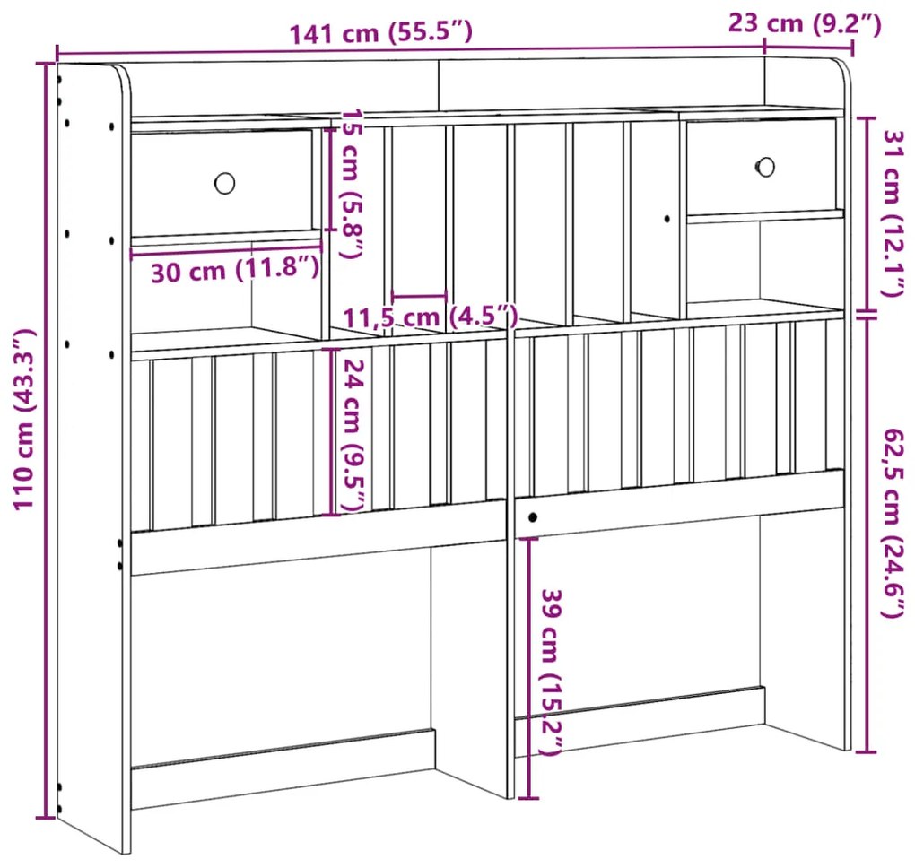 Cabeceira com arrumação 135 cm madeira de pinho maciça