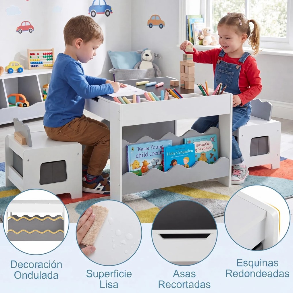 Conjunto de Mesa Infantil e 2 Cadeiras, 66 x 64 x 48 cm, Tampo Reversível, Cinzento