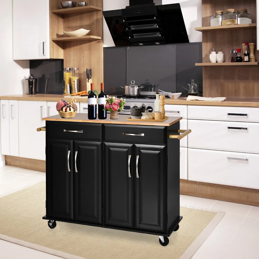 Carrinho para ilha de cozinha com tampo de madeira Estantes ajustáveis 2 gavetas grandes 122 x 48 x 92,5 cm Preto