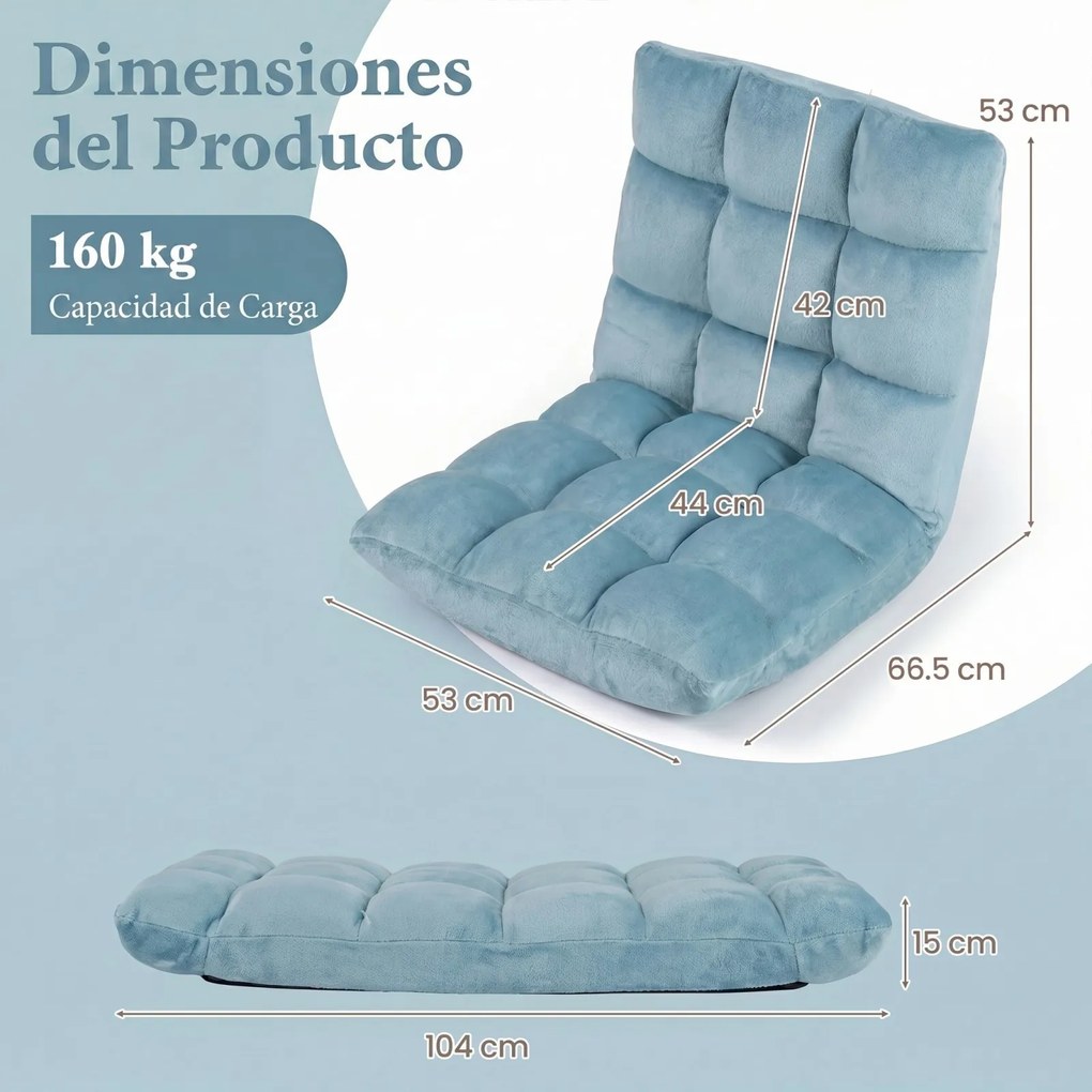 Cadeira de Chão Dobrável, 104 x 53 x 15 cm, Encosto Ajustável em 14 Posições, Azul-claro