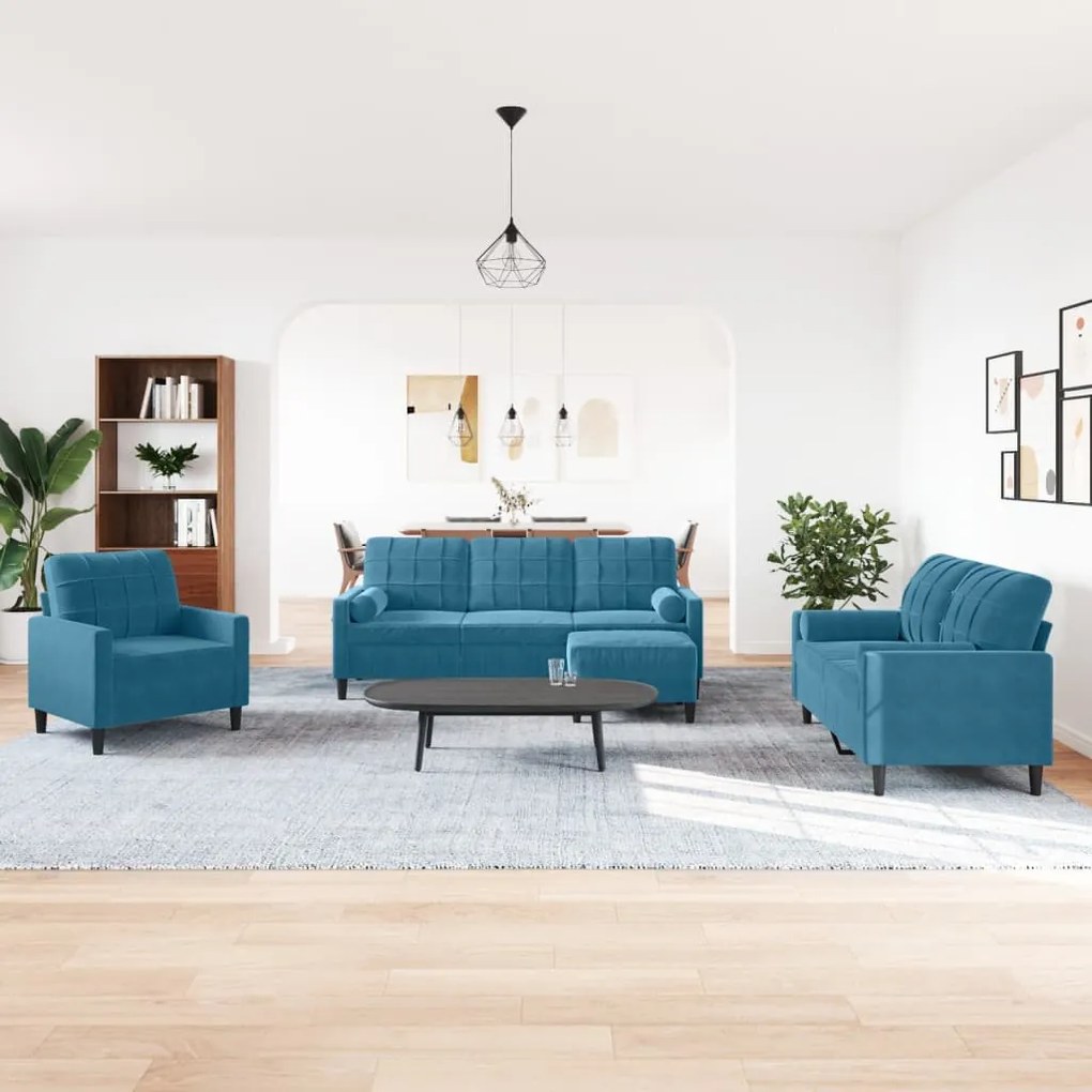 4 pcs conjunto de sofás com almofadões e rolos veludo azul