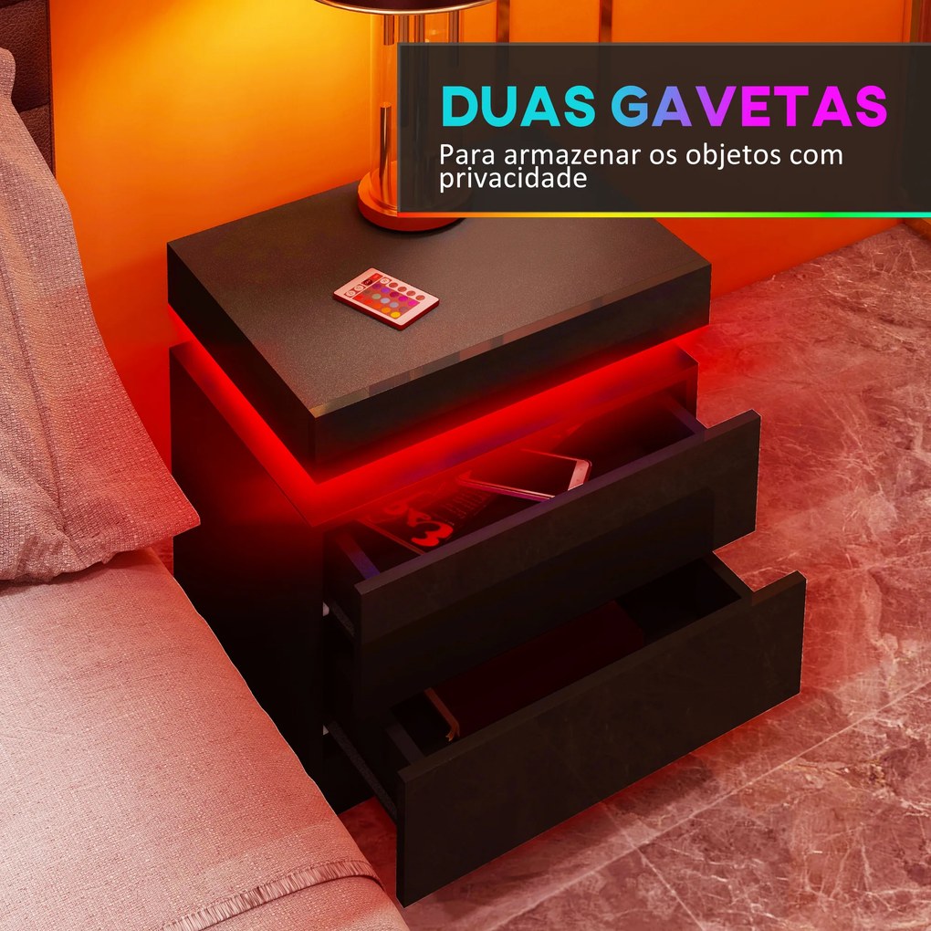 Mesa de Cabeceira com Luz LED Painel de Alto Brilho 2 Gavetas e Controlo Remoto para Dormitório 45x35x52 cm Preto