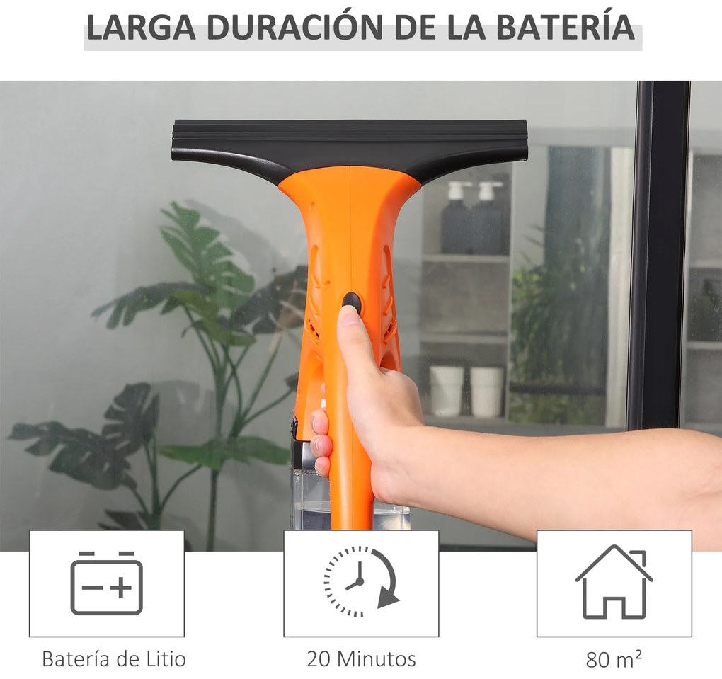 HOMCOM Limpa Vidros Elétrico 2 em 1 Aspirador Limpador de Vidros com Depósito de Água 300ml e Ponta de Borracha Inclui Pulverizador 19,5x12,5x33cm Laranja
