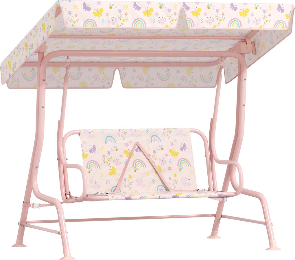 Baloiço de Jardim para Crianças com 2 Lugares Toldo Ajustável Cinto de Segurança e Desenho de Borboletas 112x75x120 cm Rosa