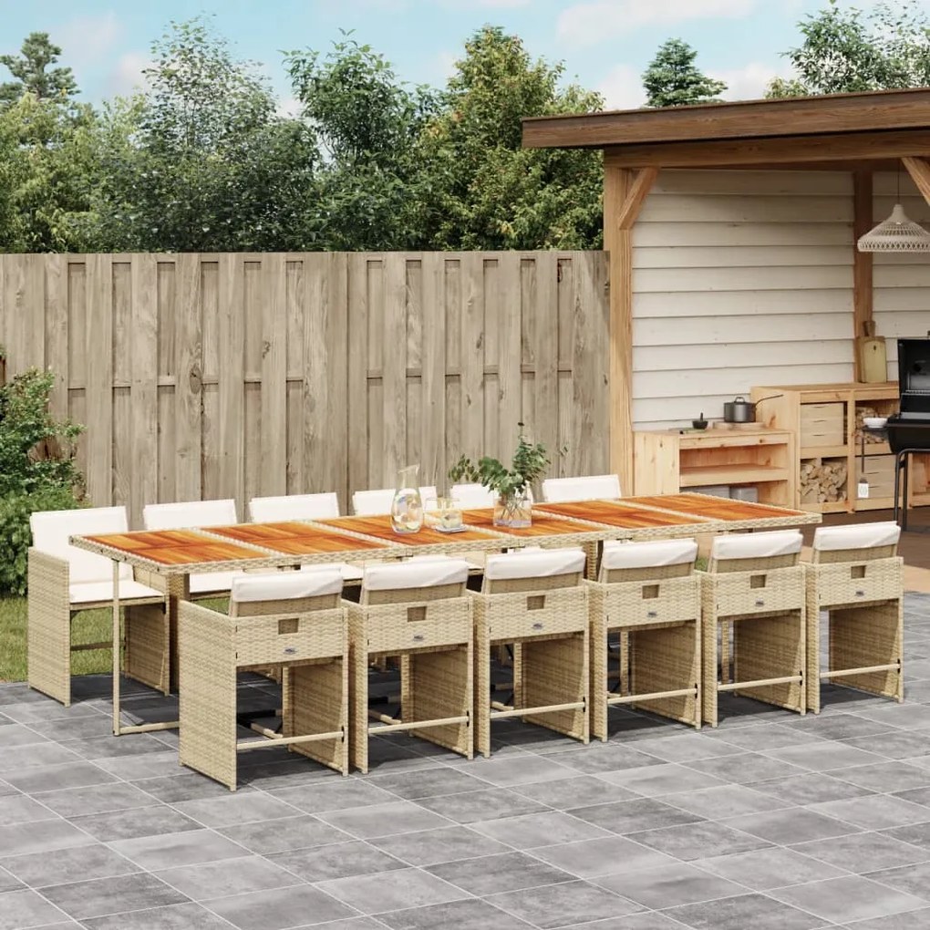 13 pcs conjunto de jantar p/ jardim com almofadões vime PE bege