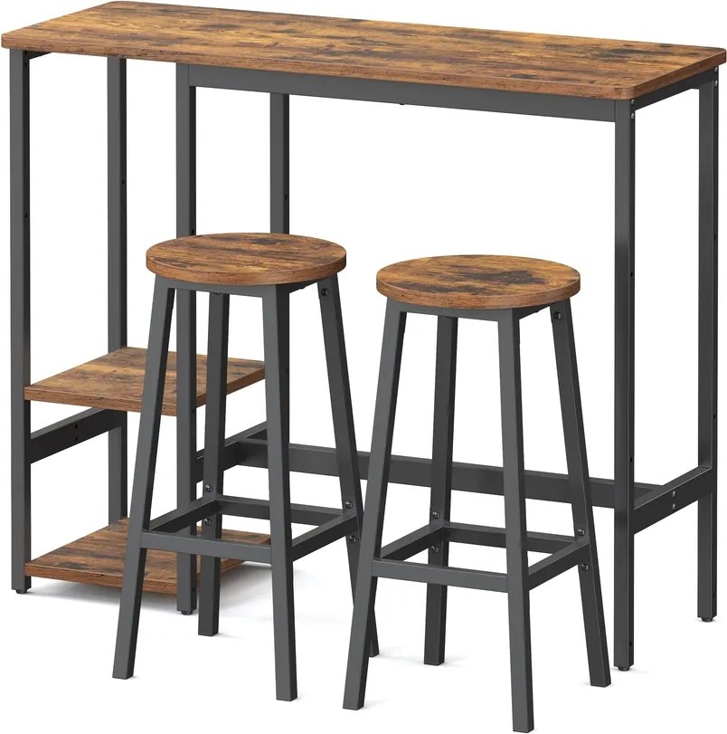 Conjunto de mesa de bar com prateleira, com 2 bancos, estrutura metálica castanho-preto