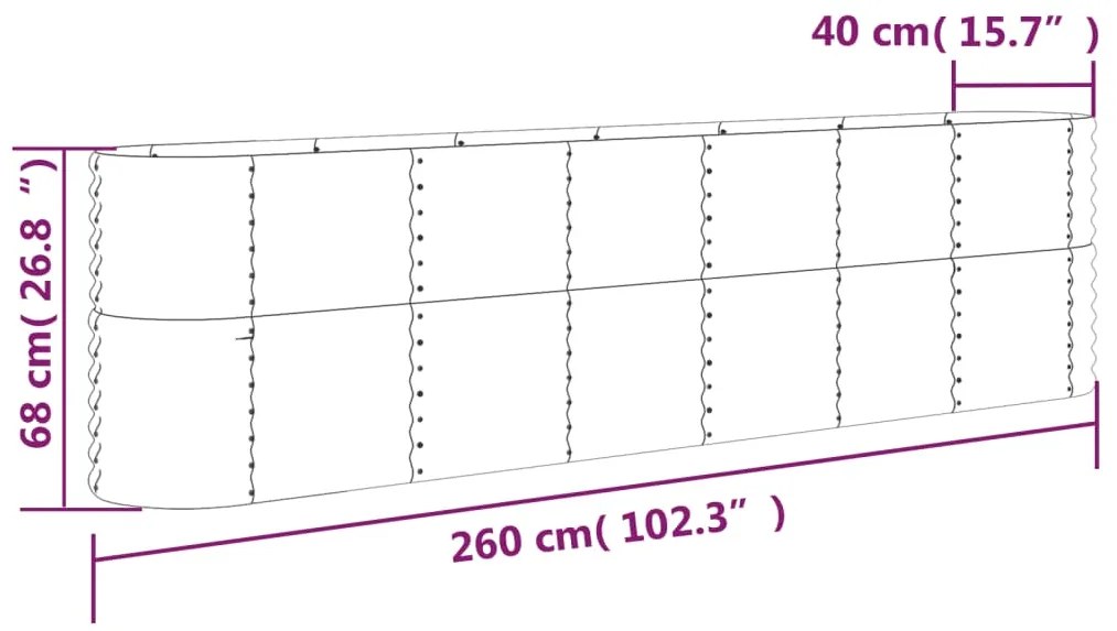 Canteiro elevado jardim 260x40x68cm aço revestido a pó prateado