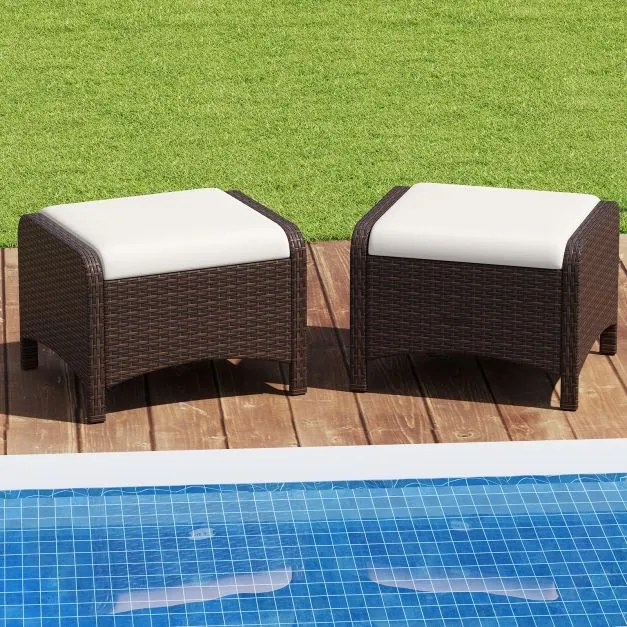 Conjunto de 2 Pufes Retangulares Jardim, 54 x 46 x 39,5 cm, Almofadas Removíveis, Branco e castanho
