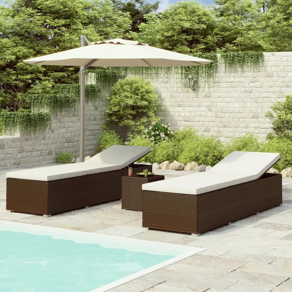 vidaXL 3 pcs espreguiçadeiras jardim c/ mesa centro vime PE castanho