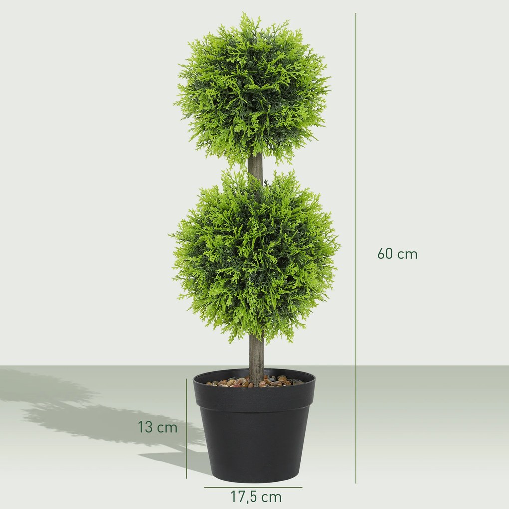 Conjunto de 2 plantas artificiais decorativas, bolas de buxo artificial de 60 cm com vaso, em plástico, verde
