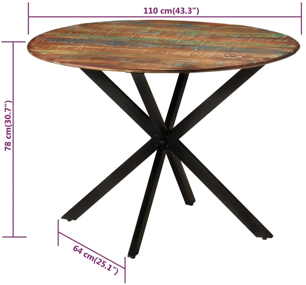 Mesa de jantar Ø110x78 cm madeira recuperada maciça e aço