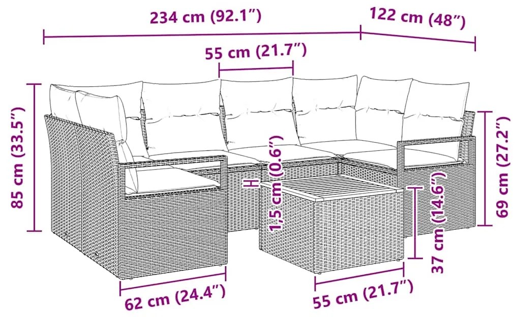 Conjunto de Sofá de Jardim 7 Peças com Almofadas Bege em Polirattan da