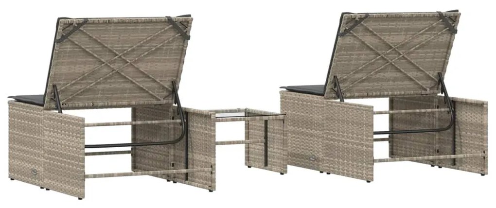 Espreguiçadeiras modulares com mesa 2 pcs vime PE cinzento-claro