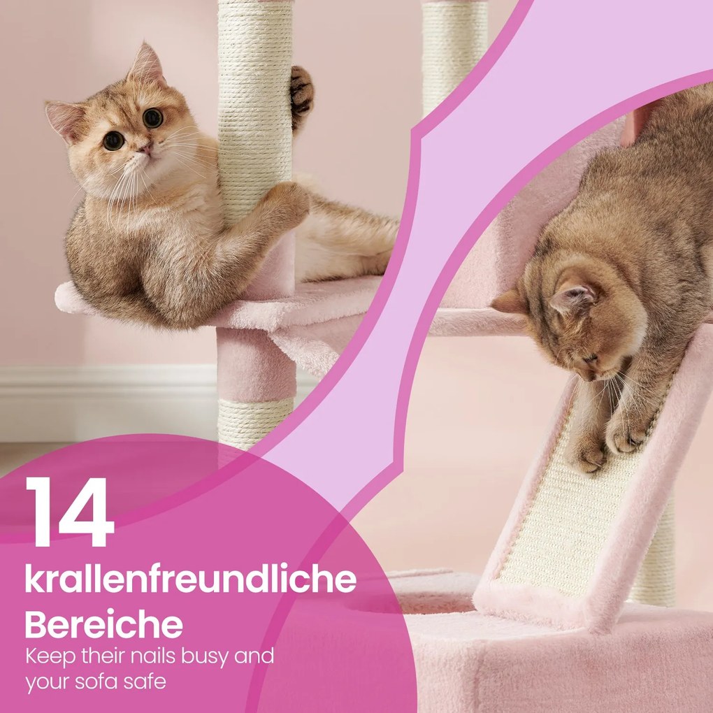 Arranhador para gatos 206 cm de altura, com 13 colunas para arranhar rosa