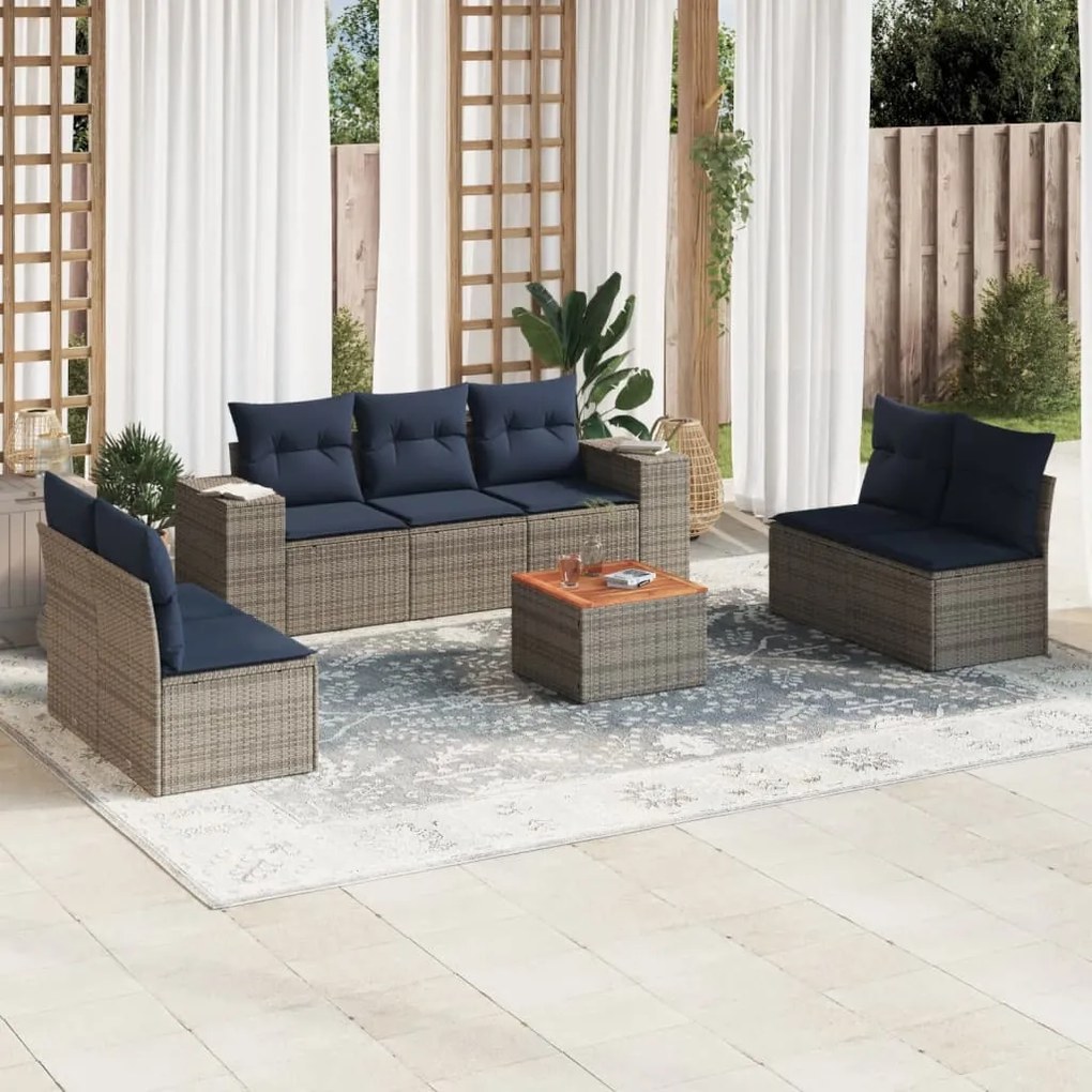 vidaXL 8 pcs conjunto sofás p/ jardim c/ almofadões vime PE cinzento
