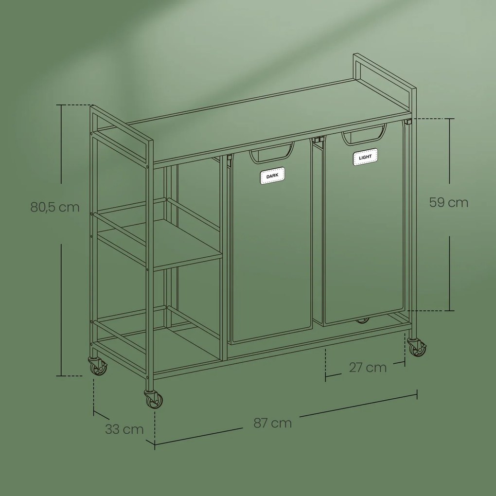 Carrinho para roupa suja com 2 compartimentos e arrumação 87 x 33 x 80,5 cm castanho + preto + cinzento