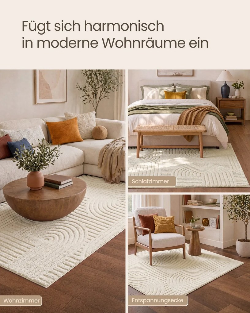 Tapete sala, quarto 3D 170 x 120 cm, lavável na máquina e antiderrapante branco creme