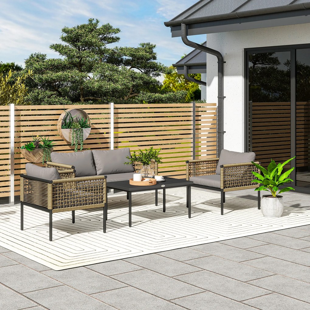 Conjunto de Jardim de Vime Sintético de 4 Peças Inclui 1 Sofá Duplo 2 Cadeiras e Mesa de Centro com Almofadas Madeira e Cinzento