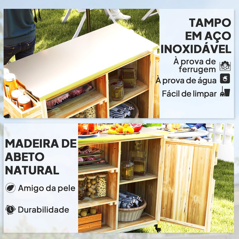 Carrinho de churrasco de Madeira Carrinho de Serviço com Prateleiras Armário Bancada de Aço Inoxidável 134,5x50x91,5 cm Madeira