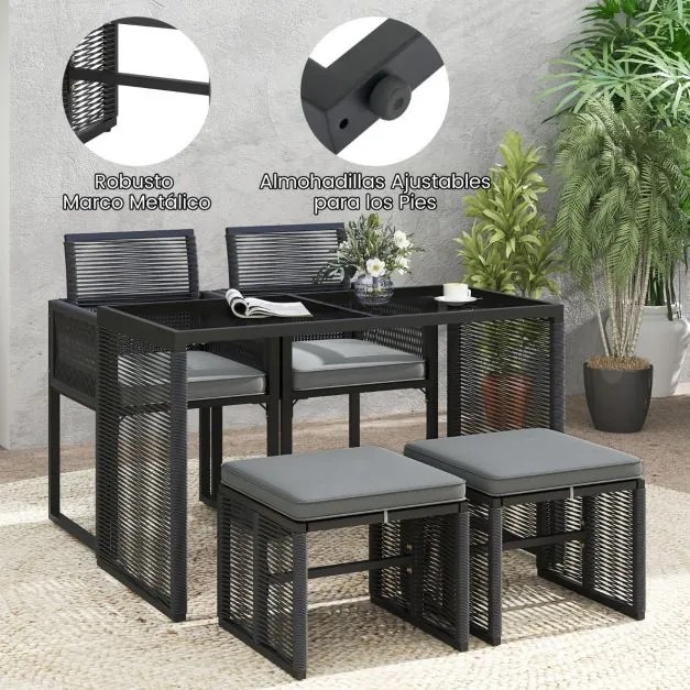 Conjunto de Móveis de Rattan Cadeira de Rattan PE e Mesa de Vidro Temperado com Pufes para Jardim Cinzento e Preto
